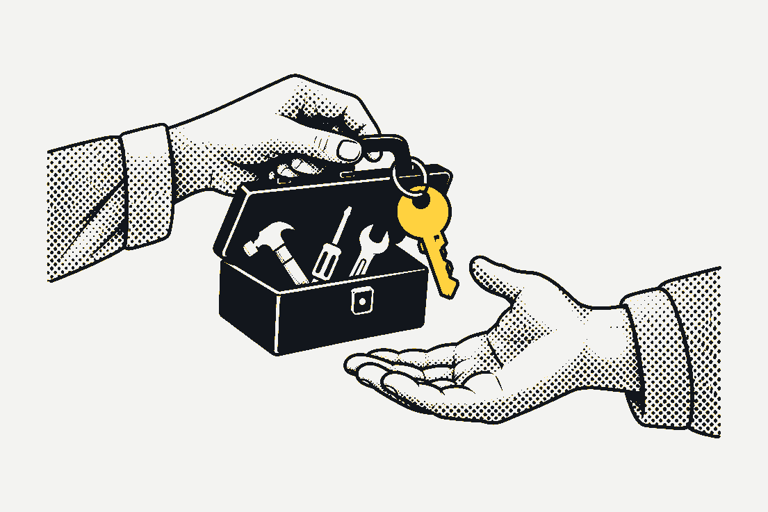 A hand passing a set of tools across to another hand.