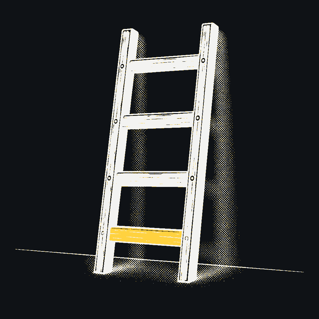 A ladder with four rungs. The first rung is yellow.