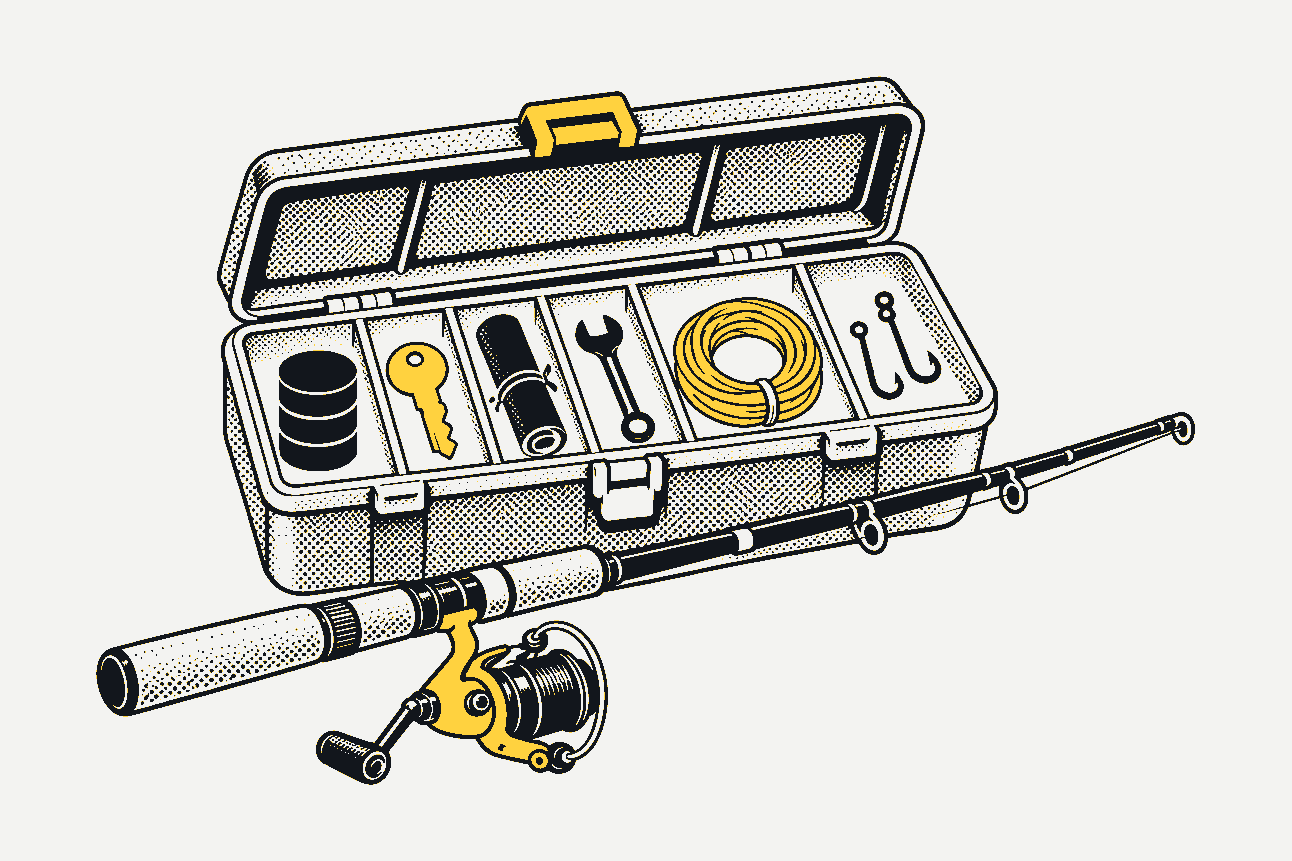 An open tackle box with a rod and reel: inside, a database, a key, a scroll, a wrench, a coil of line and two hooks.